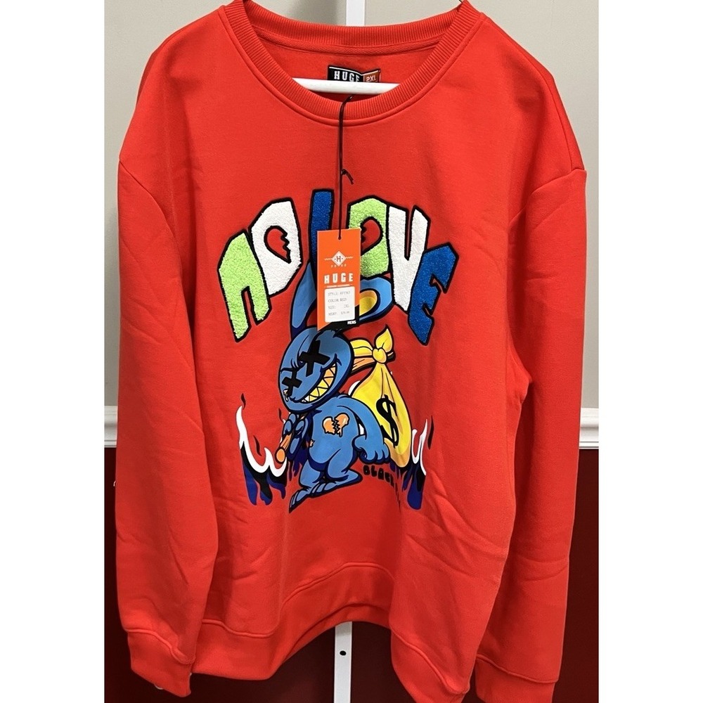 New HUGE‎ No Love Red Fleece Sweatshirt Crewneck Chenille Patch Bunny  2XL